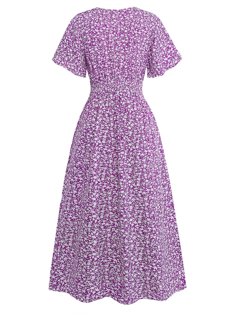 Lila 40er Midikleid mit Ditsy-Blumen und Figurbetont