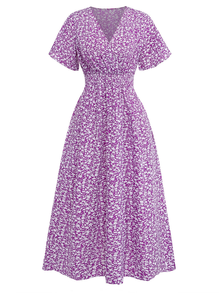 Lila 40er Midikleid mit Ditsy-Blumen und Figurbetont