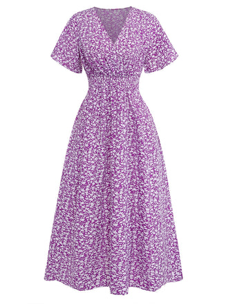 Lila 40er Midikleid mit Ditsy-Blumen und Figurbetont