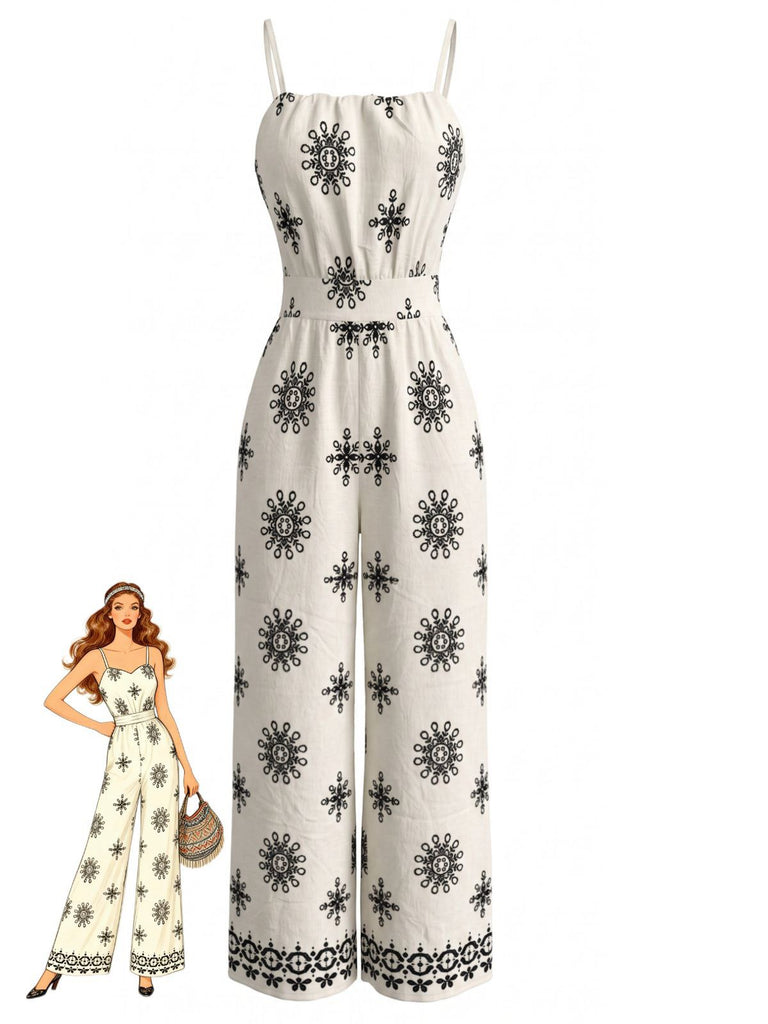 Weißer 70er Boho-Jumpsuit mit Smok und Spaghettiträgern