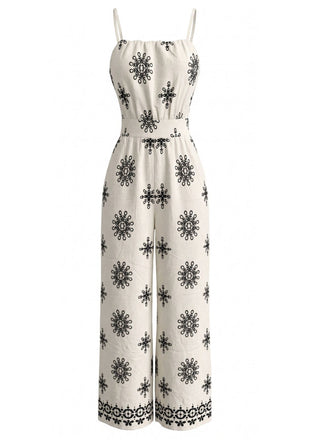 Weißer 70er Boho-Jumpsuit mit Smok und Spaghettiträgern