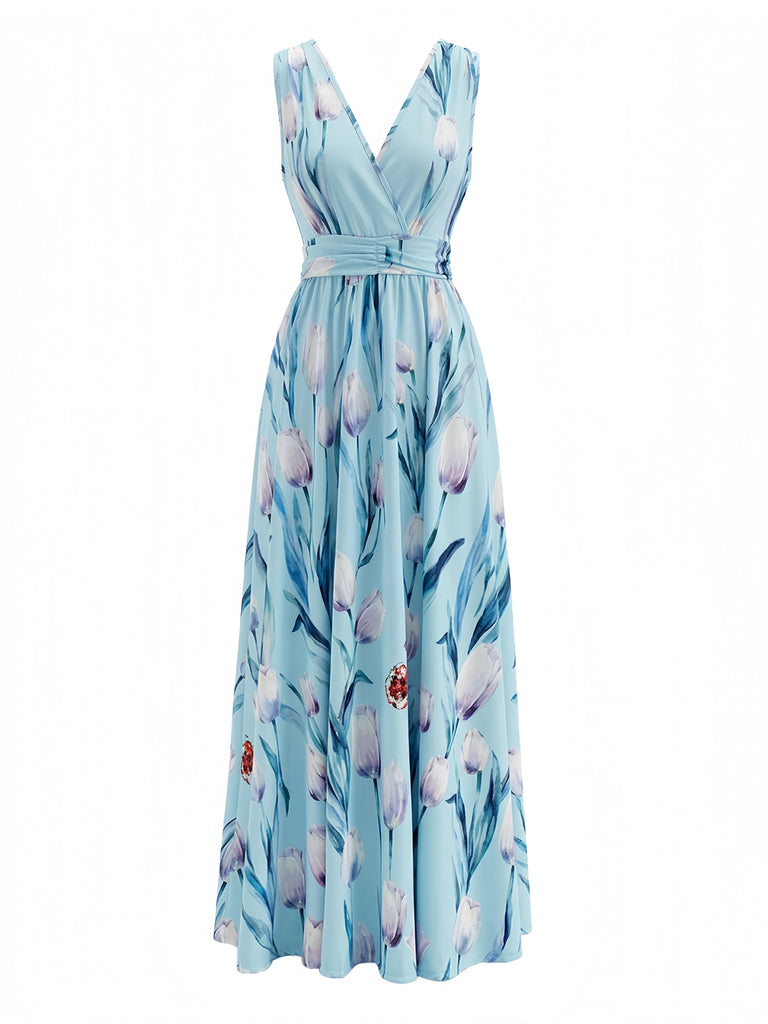 Blaues 30er Maxikleid mit V-Ausschnitt und Blumen