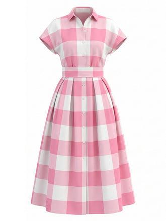 Rosa 50er Shirtkleid mit Flügelärmel und Gingham
