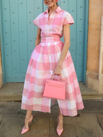 Rosa 50er Shirtkleid mit Flügelärmel und Gingham