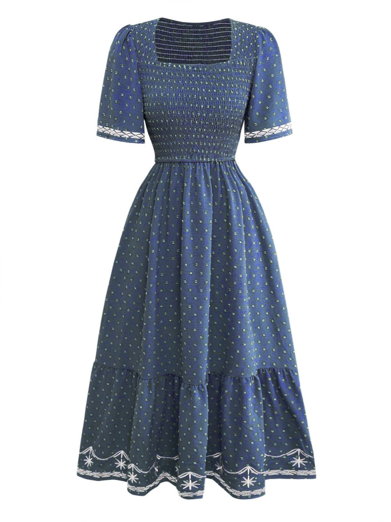 40er Jacquard-Kleid mit Stickerei und eckigem Ausschnitt