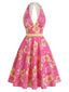 Rosa & Gelb 1950er Blumen V-Ausschnitt Kleid