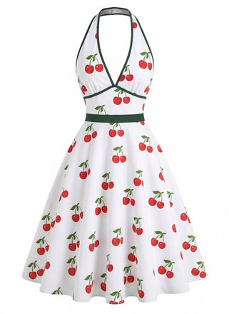 [Vorverkauf] Weißes 50er Neckholder-Kleid mit Kirschen und V-Ausschnitt