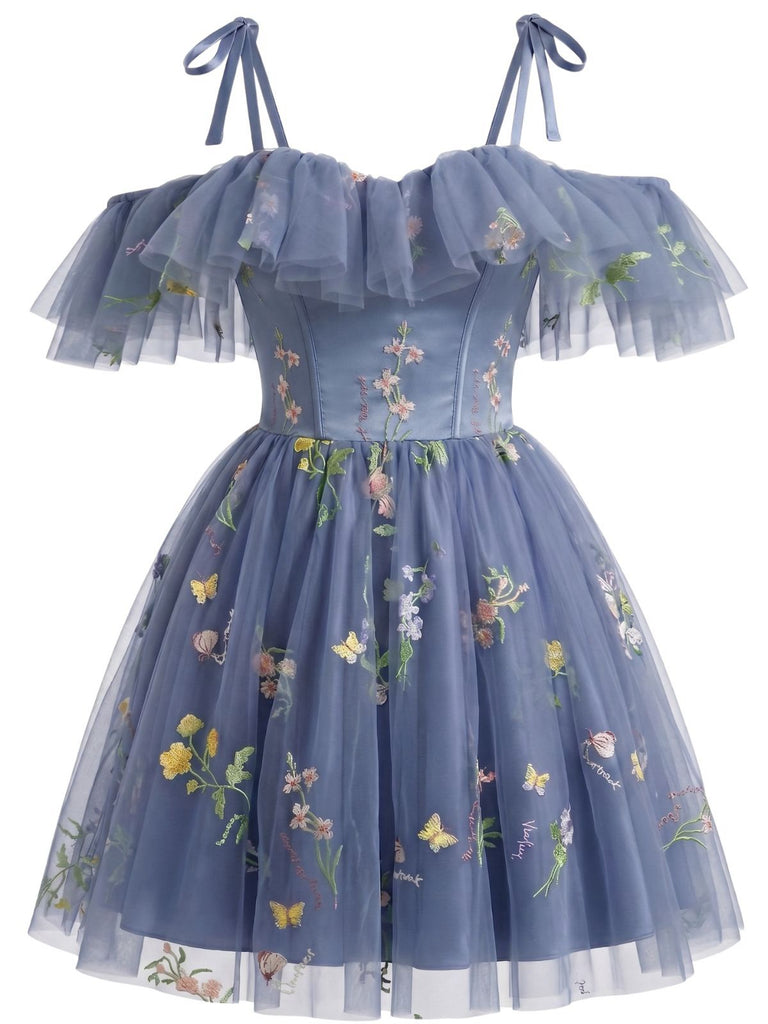 1950er Schulterfrei Blumen Bestickt Netz Kleid