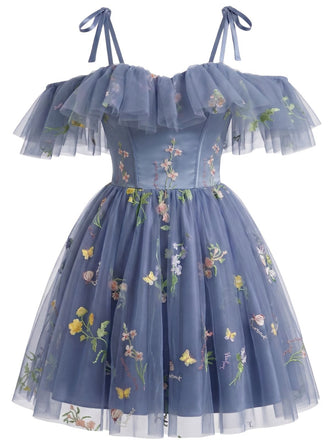 1950er Schulterfrei Blumen Bestickt Netz Kleid