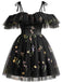 1950er Schulterfrei Blumen Bestickt Netz Kleid