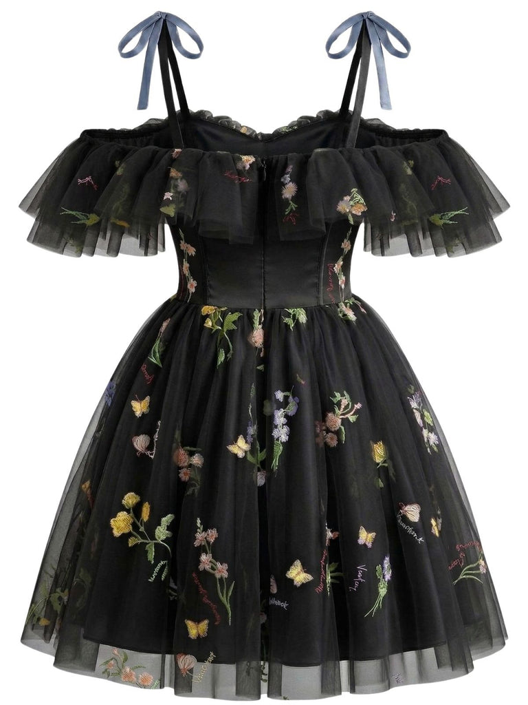 1950er Schulterfrei Blumen Bestickt Netz Kleid