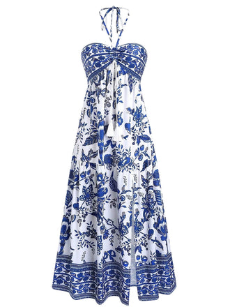 Blaues 1970er Porzellan Boho Neckholder Kleid