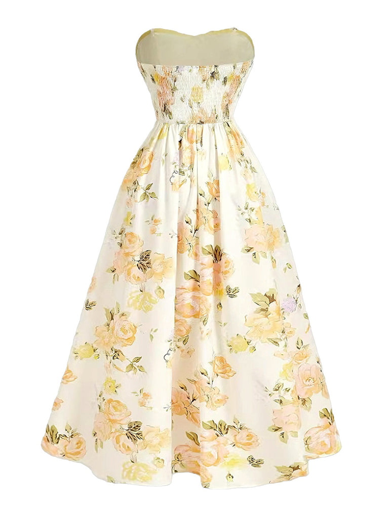 Gelbes 30er Trägerloses Maxikleid mit Blumen