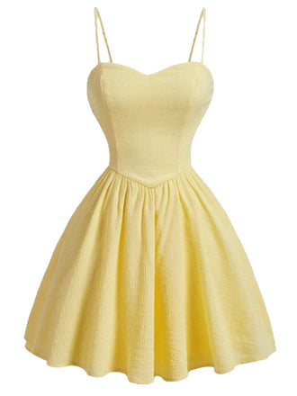 Gelbes 50er Swingkleid mit Spaghettiträger und Herzausschnitt