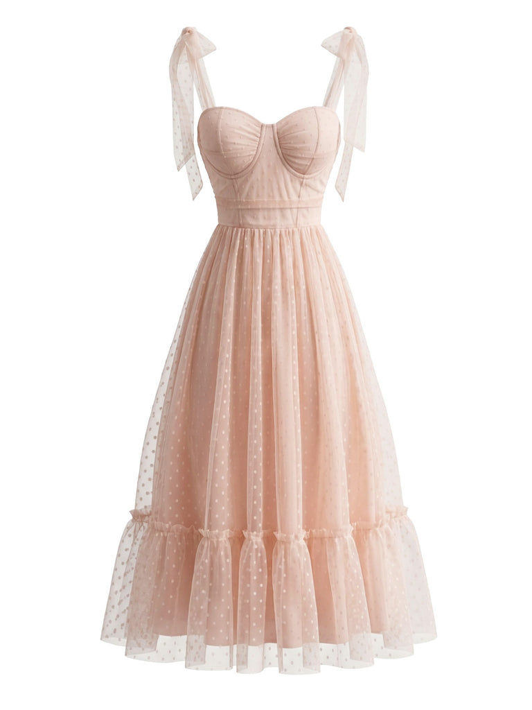 50er Maxikleid mit Polka-Dots und Puffärmeln in Dunkelrosa