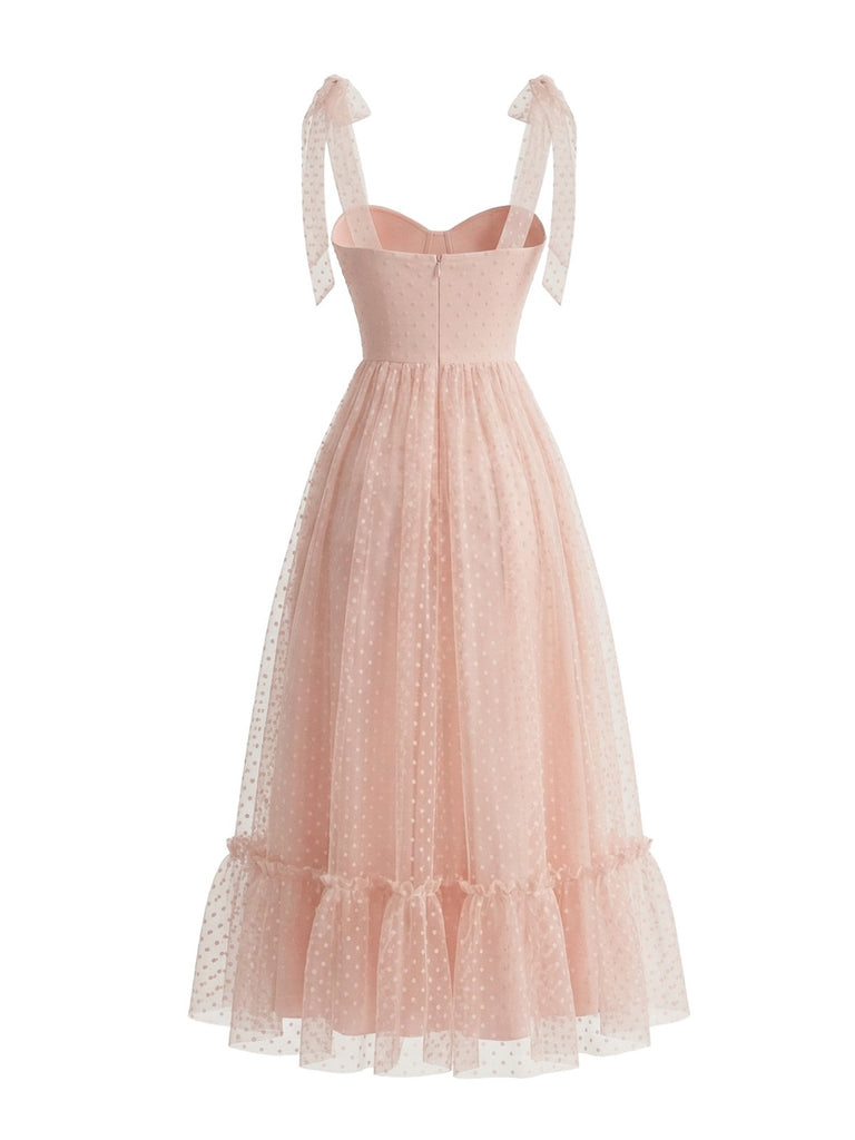 50er Maxikleid mit Polka-Dots und Puffärmeln in Dunkelrosa