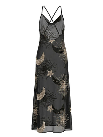 1970er Sheer Celestial Besticktes Pailletten Maxi Cover-Up Kleid