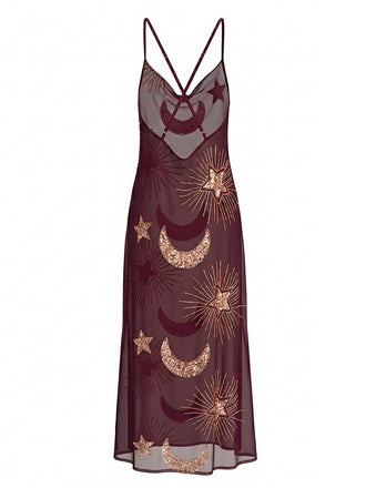 1970er Sheer Celestial Besticktes Pailletten Maxi Cover-Up Kleid