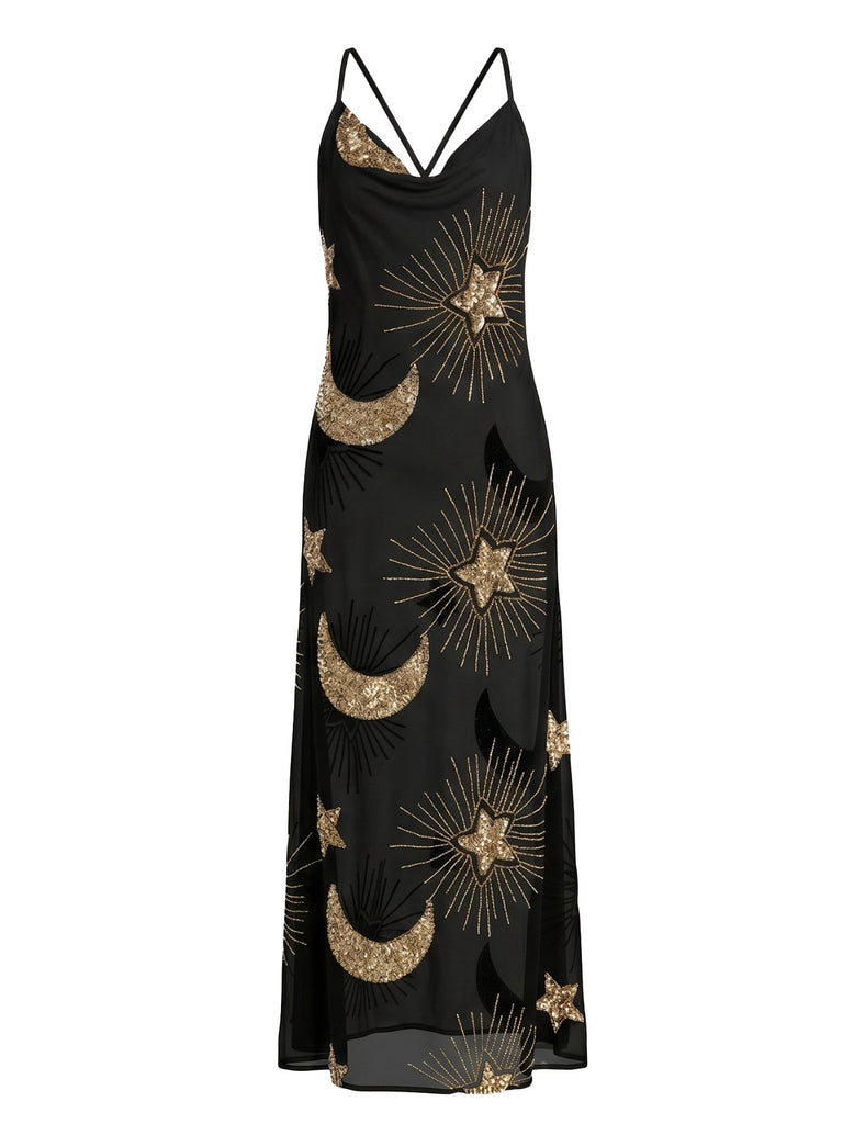 1970er Transparent Celestial Bestickt Pailletten Maxi Cover-Up Kleid