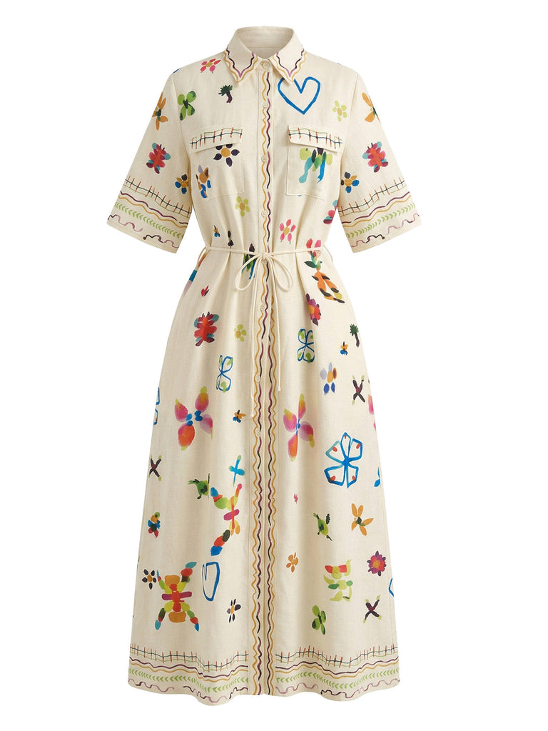 Beiges 70er Hemd-Maxikleid mit Folk-Blumen