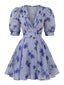 Blaues 50er Kleid mit Blumen und Puffärmeln