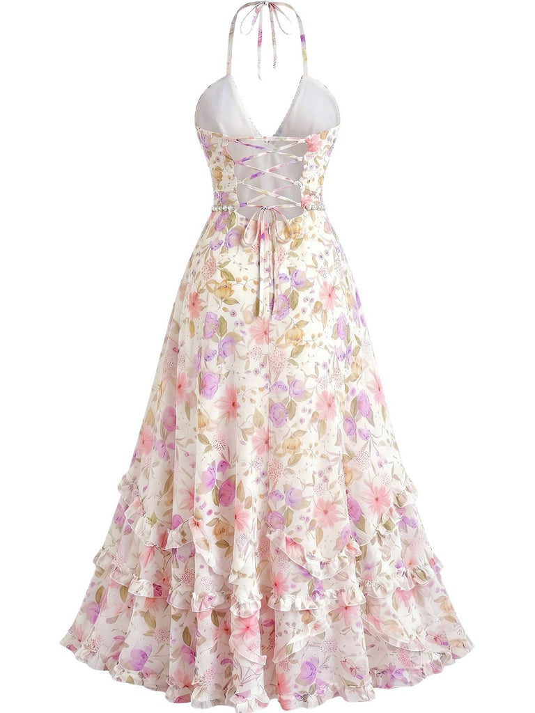 Mehrfarbiges 30er Maxikleid mit Neckholder und Blumen