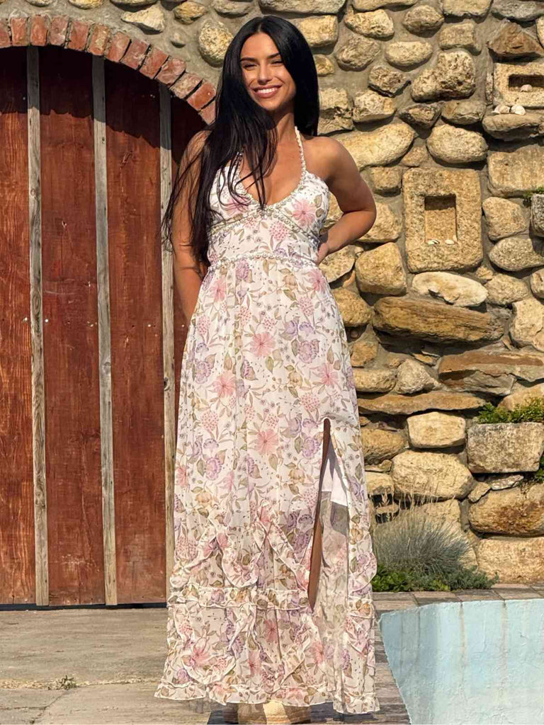 Mehrfarbiges 30er Maxikleid mit Neckholder und Blumen