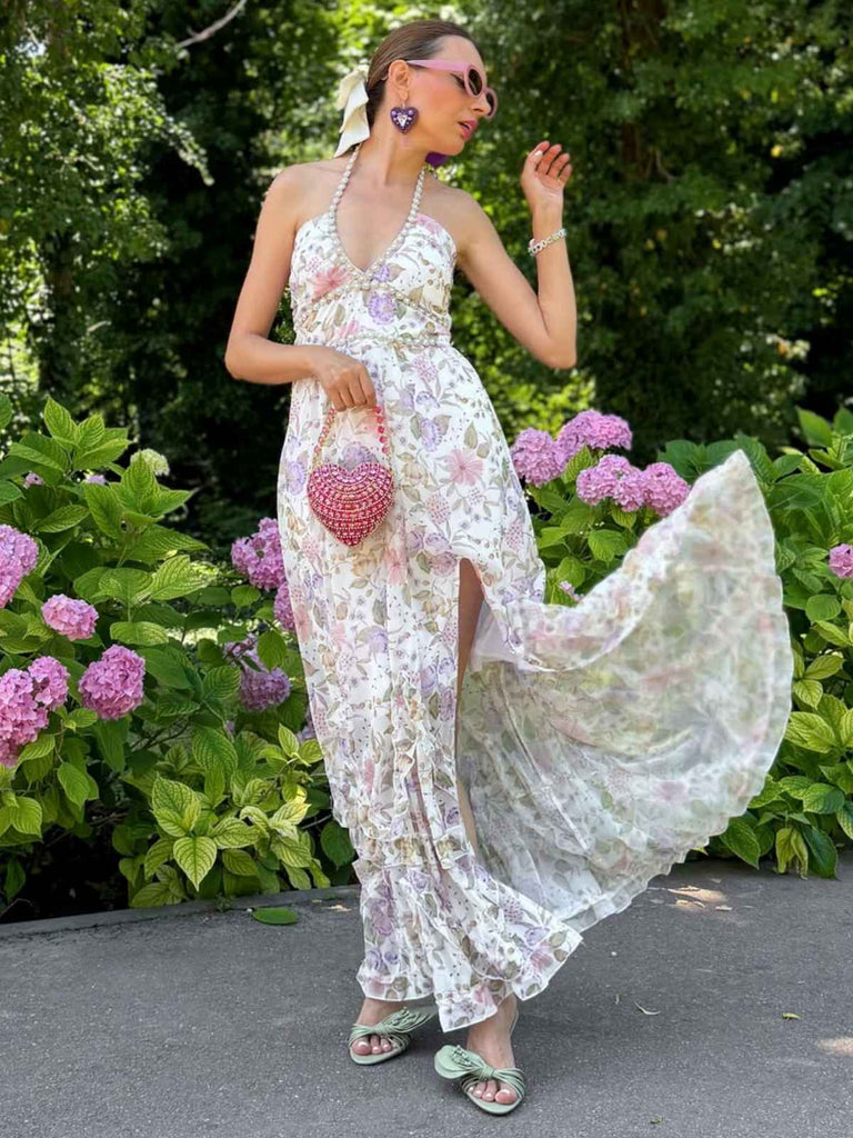 Mehrfarbiges 30er Maxikleid mit Neckholder und Blumen