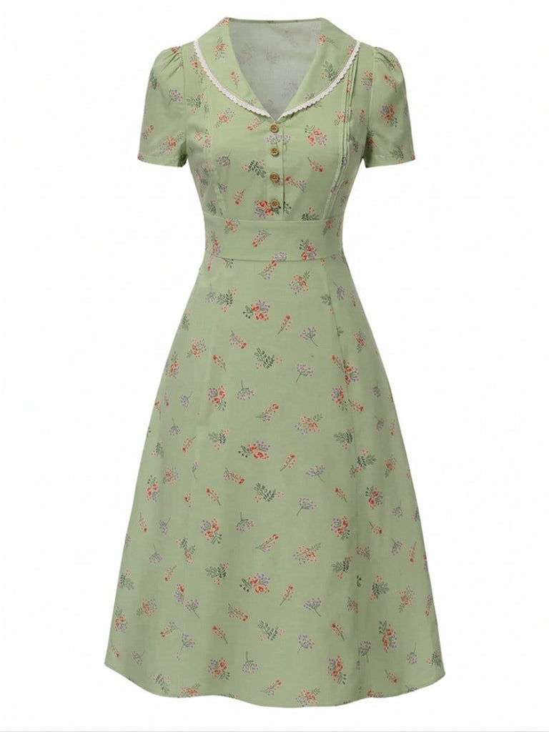 40er Kleid mit Blumen, Puffärmeln und Reverskragen in Grün