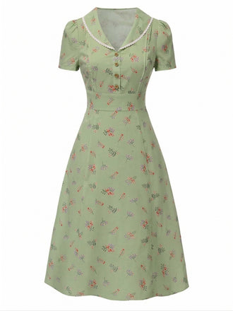 [Vorverkauf] 40er Kleid mit Blumen, Puffärmeln und Reverskragen in Grün