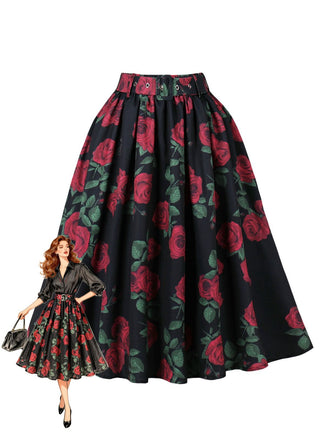 Roter 50er Plisseerock mit Rosen-Print