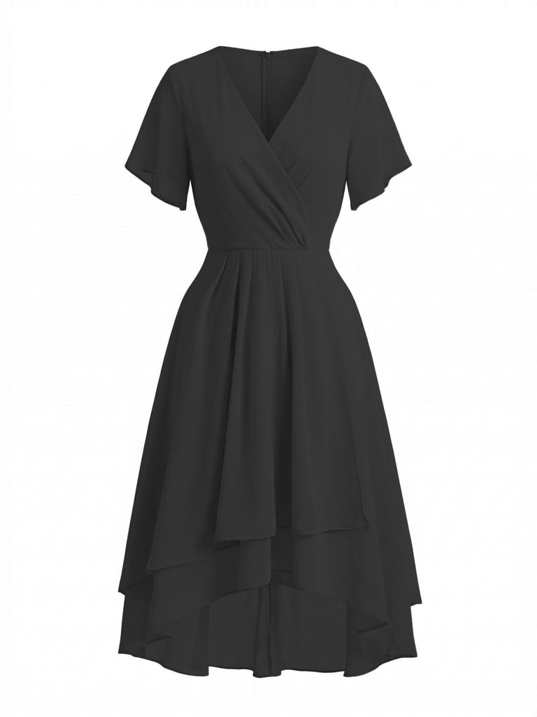 50er Chiffon-Kleid mit V-Ausschnitt und Rüschen