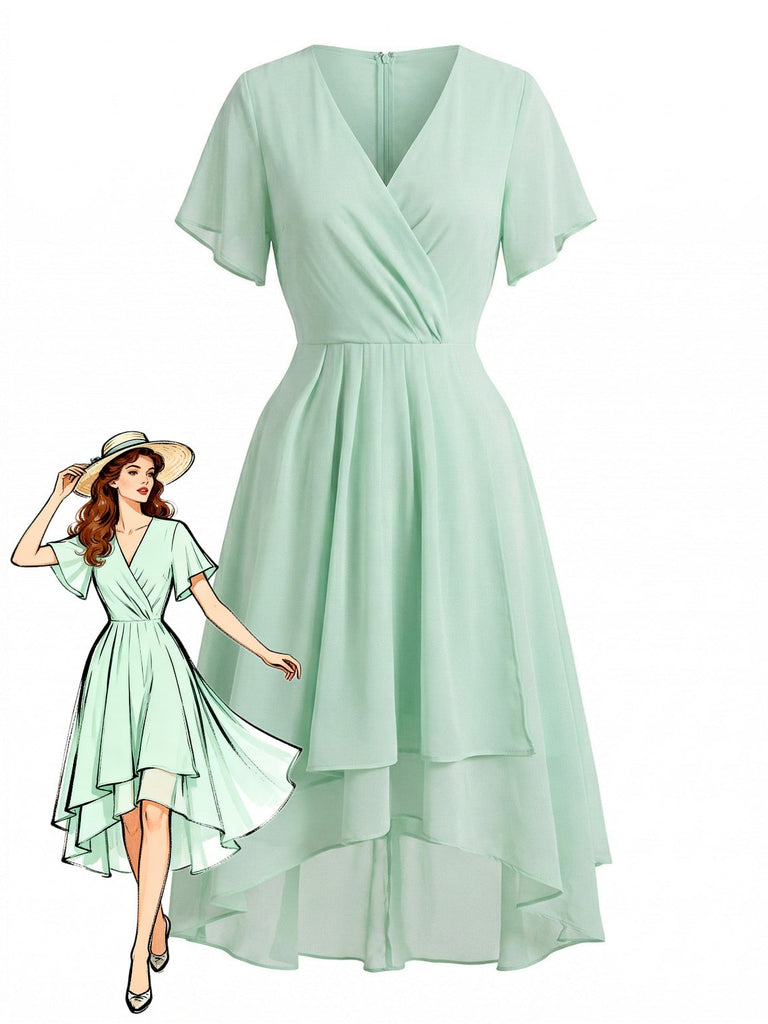 50er Chiffon-Kleid mit V-Ausschnitt und Rüschen