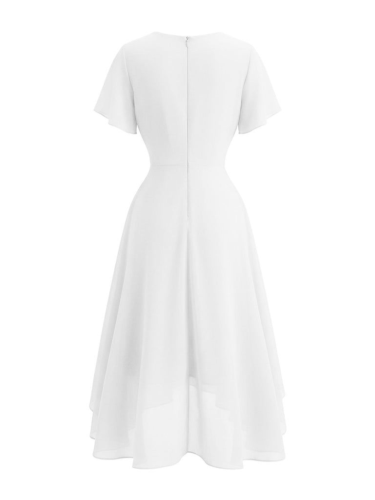 50er Chiffon-Kleid mit V-Ausschnitt und Rüschen