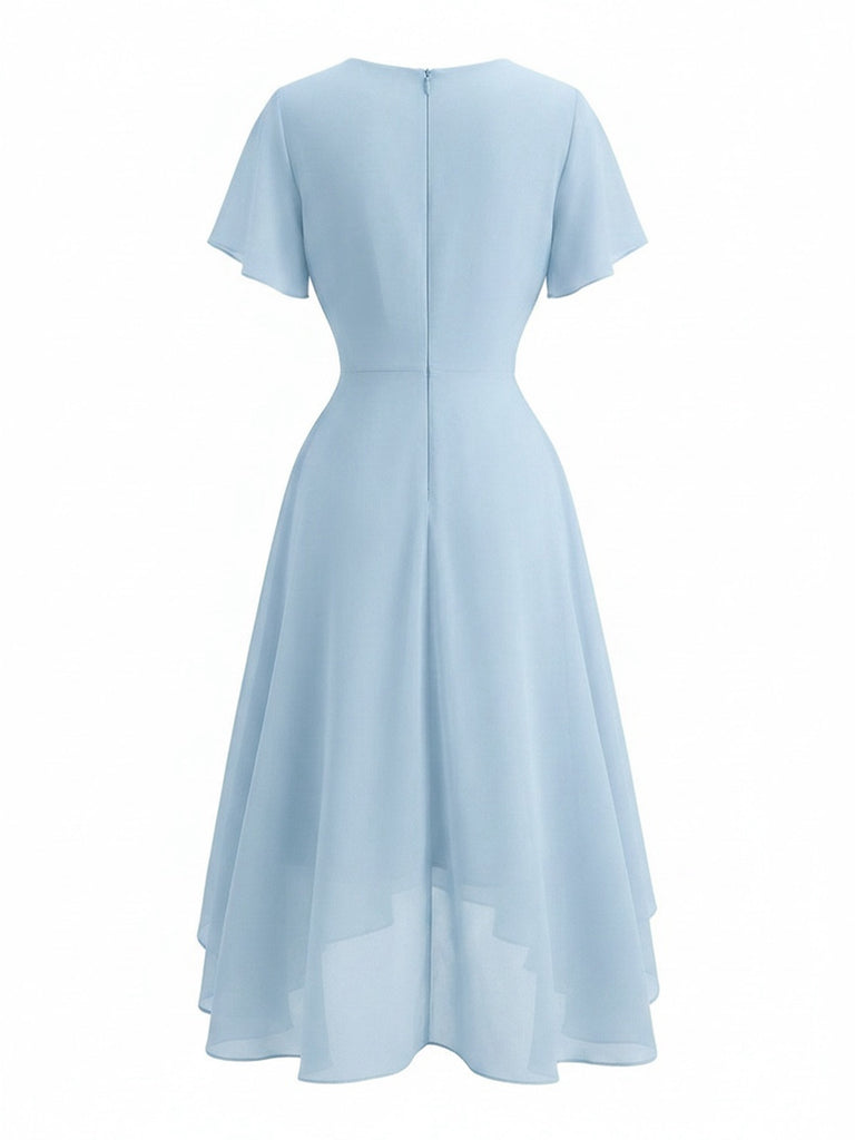 50er Chiffonkleid mit V-Ausschnitt und Rüschenärmeln in Blau