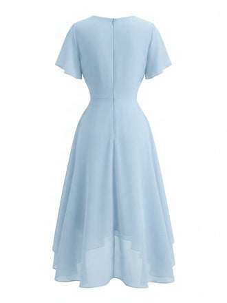 50er Chiffonkleid mit V-Ausschnitt und Rüschenärmeln in Blau