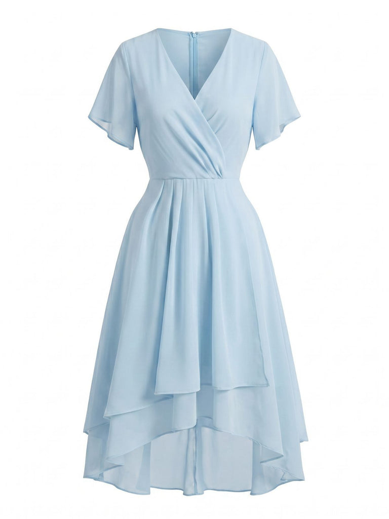 50er Chiffonkleid mit V-Ausschnitt und Rüschenärmeln