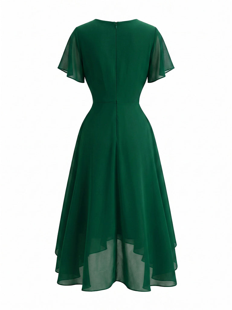 50er Chiffonkleid mit V-Ausschnitt und Rüschenärmeln in Blau