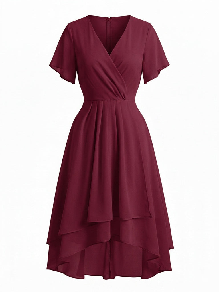 50er Chiffonkleid mit V-Ausschnitt und Rüschenärmeln in Blau
