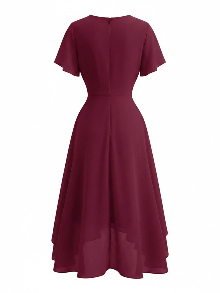 50er Chiffonkleid mit V-Ausschnitt und Rüschenärmeln in Blau
