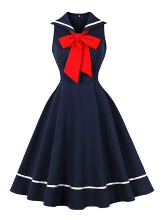 Rotes 50er Ärmelloses Swingkleid mit Schleife und Seefrau
