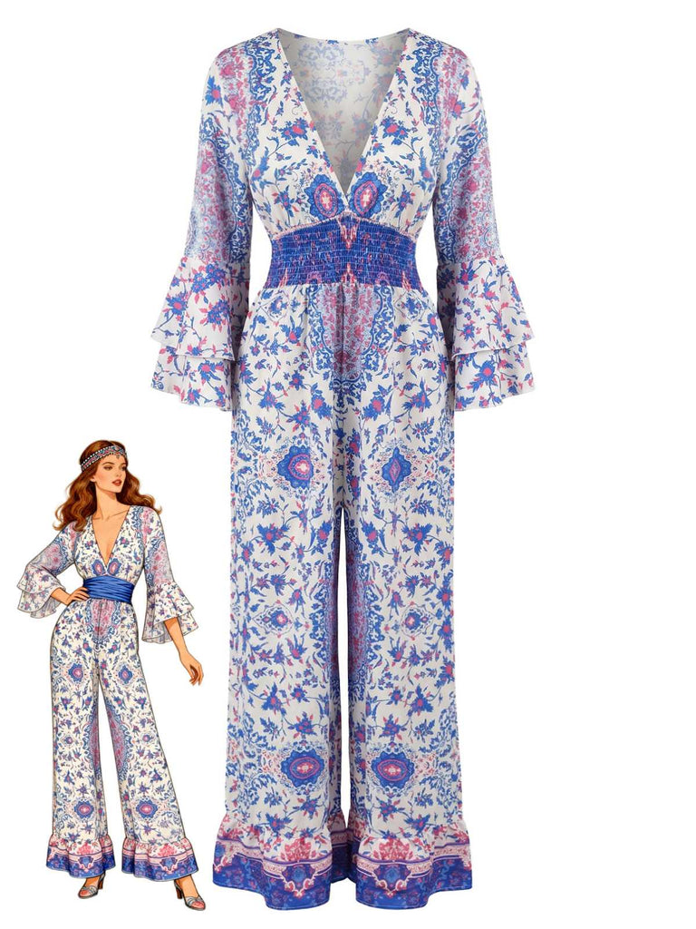 Blauer 70er Boho-Jumpsuit mit Streublumen und Trompetenärmeln