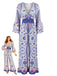 Blauer 70er Boho-Jumpsuit mit Streublumen und Trompetenärmeln
