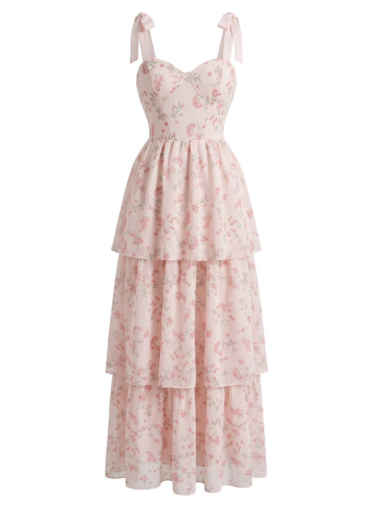 Rosa 40er Netz-Midikleid mit Blumen und Bindeband