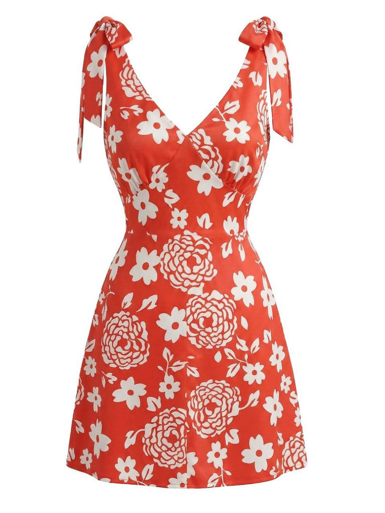 Orange 70er Minikleid mit Blumen und V-Ausschnitt