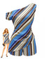 40er One-Shoulder-Top & Shorts mit Farbblock und Streifen