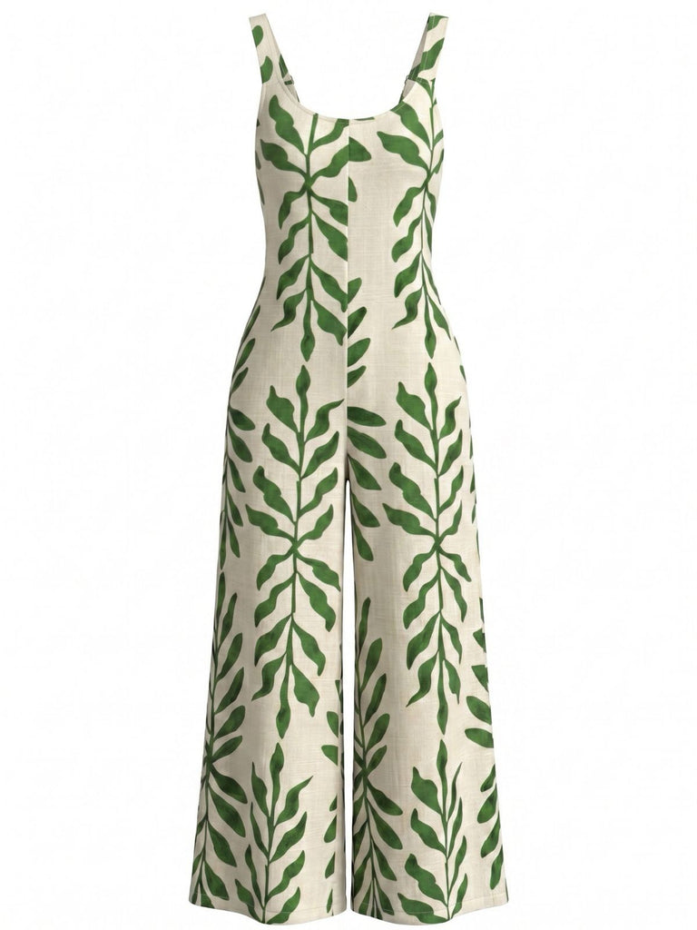 Grüner 60er Jumpsuit mit Spaghettiträgern und tropischem Blätter-Print