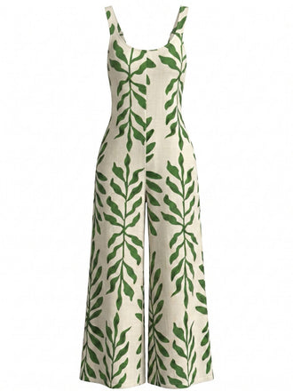Grüner 60er Jumpsuit mit Spaghettiträgern und tropischem Blätter-Print