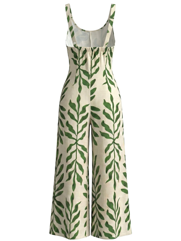 Grüner 60er Jumpsuit mit Spaghettiträgern und tropischem Blätter-Print