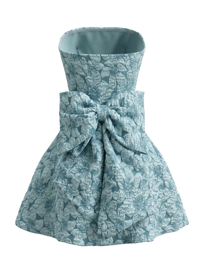 Blaues 60er Trägerloses Minikleid mit Blumen und Schleife